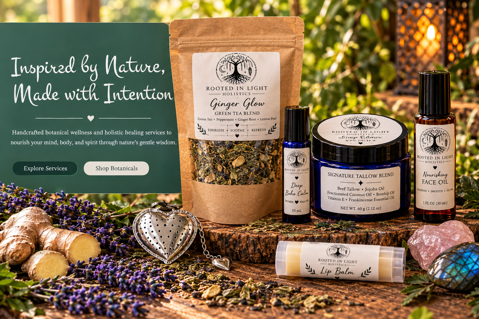 Rooted in Light botanical teas, tallow, face oil, roller blend, and lip balm arranged outdoors