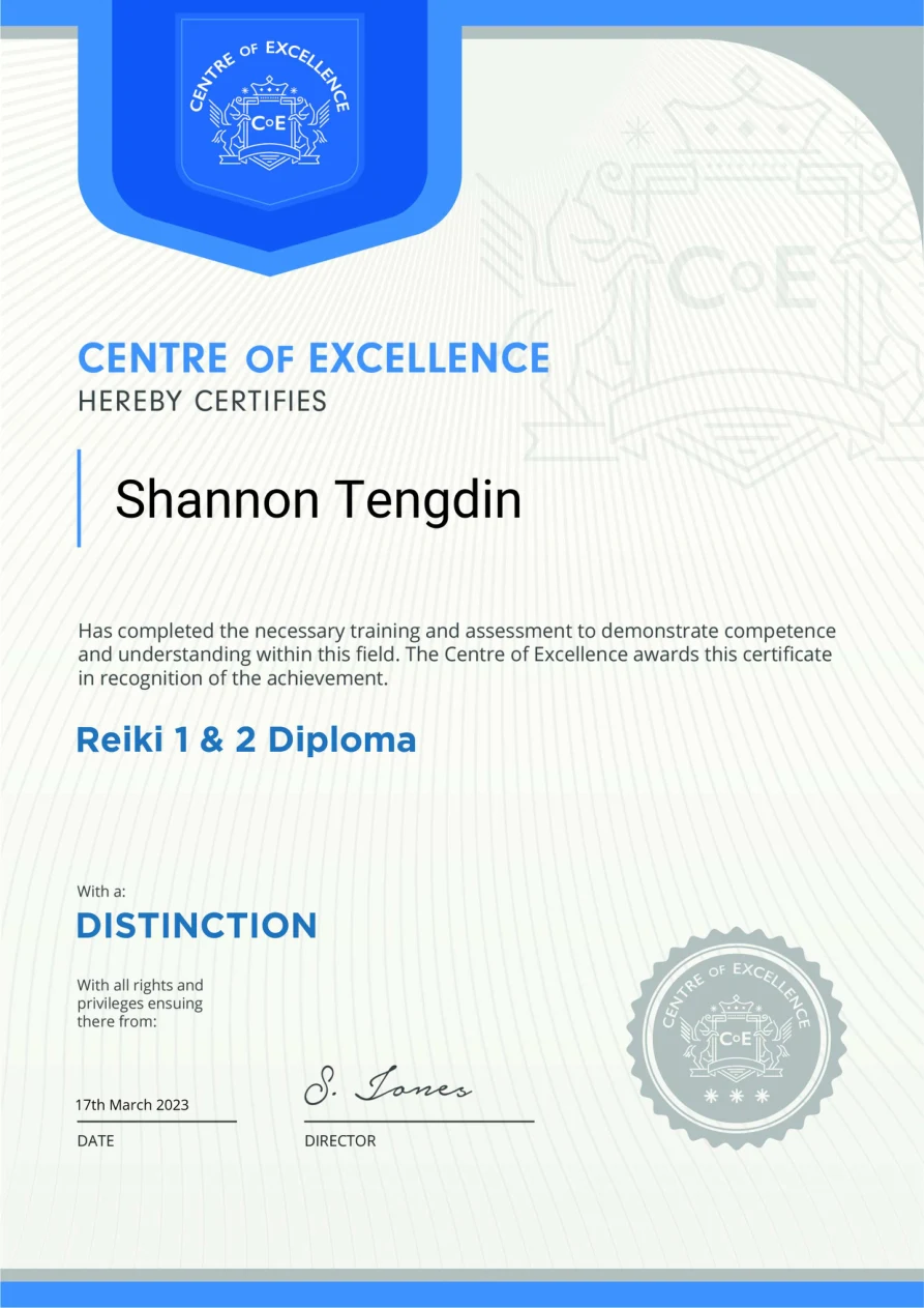 Shannon Tengdin’s original Centre of Excellence Reiki 1 & 2 Diploma, awarded with Distinction